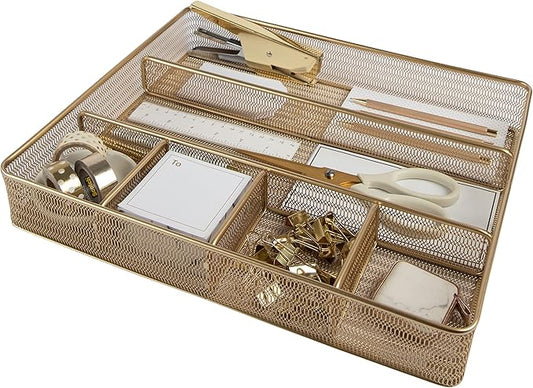 BLU MONACO | Gold Desk Drawer Organizer Tray with 6 Compartments | Metal Mesh Drawer Organizer for Office Supplies & Accessories | Large Desk Organizer for Drawers