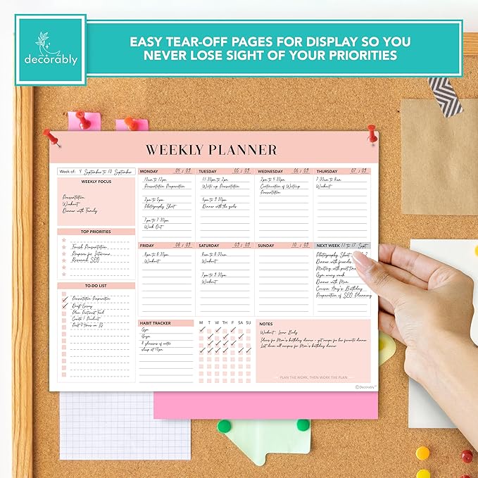 Decorably 52 Sheets Nude Pink Undated Weekly Planner Notepad Tear Off, 11x8.5in Weekly to Do List Notepad Tear Off for Focus, Priorities, To-Do List, Habit Tracker, Agenda, Notes