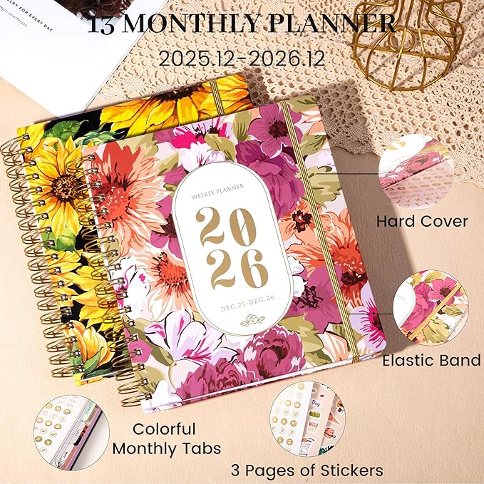 CAGIE 2026 Planner Weekly and Monthly Dec 2025-Dec 2026 Hardcover Calendar Planners with Stickers& Month Tabs for Women Spiral Bound 26 Yearly Agenda, 8.3"x9.1", Pink Floral