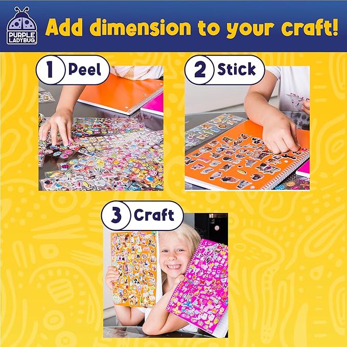 Purple Ladybug 3D Puffy Stickers for Kids - 40 Sheets, 950+ Foam Stickers for Toddler Girls & Boys, Classroom & Teachers Must Haves, Boredom Buster - Back to School Gift for Kindergarten Girls & Boys