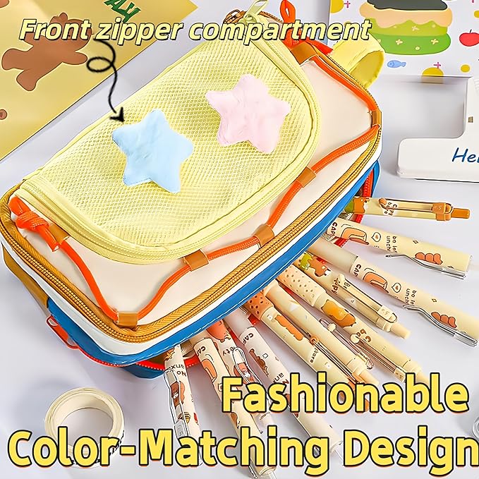 Portable Multi-Layer Kawaii Pencil Case Organizer - Large Capacity Color Block Design Pen Pouch Supplies - Cute Functional Bag (Purple)