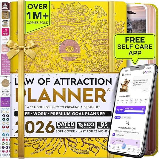 Deluxe 2026 Planner Weekly and Monthly | Law of Attraction Planner with Productivity App | 12-Month for Productivity, Gratitude & Goal Setting | Includes Foldable Vision Board, Gift Box & Stickers