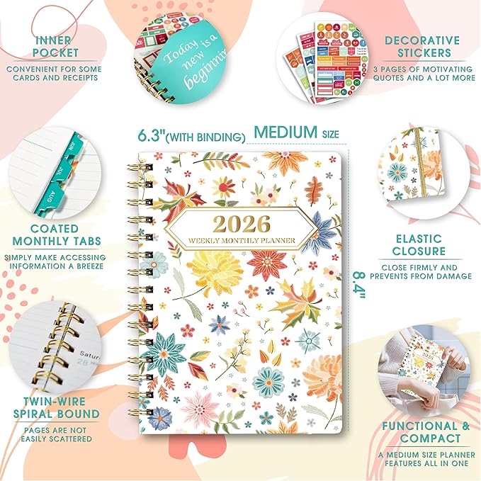 Ymumuda 2026 Planner, Daily Weekly and Monthly Planner，Jan 2026 - Dec 2026, 8.4" x 6.3", 2026 Calendar Planner Book with Tabs, Spiral Notebook with Inner Pocket for Office Home School Supplies
