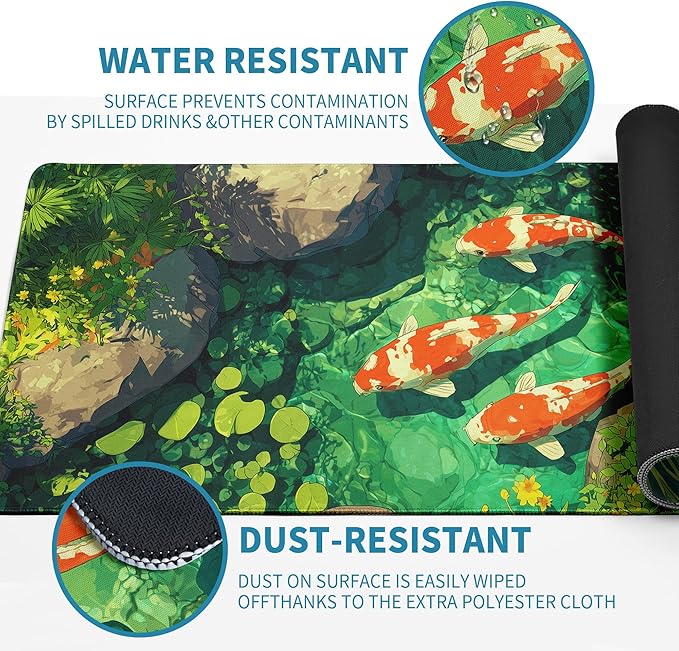 Fish Art Mouse Pad Green Desk Mat XL Mouse Gaming Pads, Fish Keyboard Pads Extra Large Desktop Computer Mats with Non-Slip Base & Stitched Edges, Vintage Office Decor 31.5x11.8