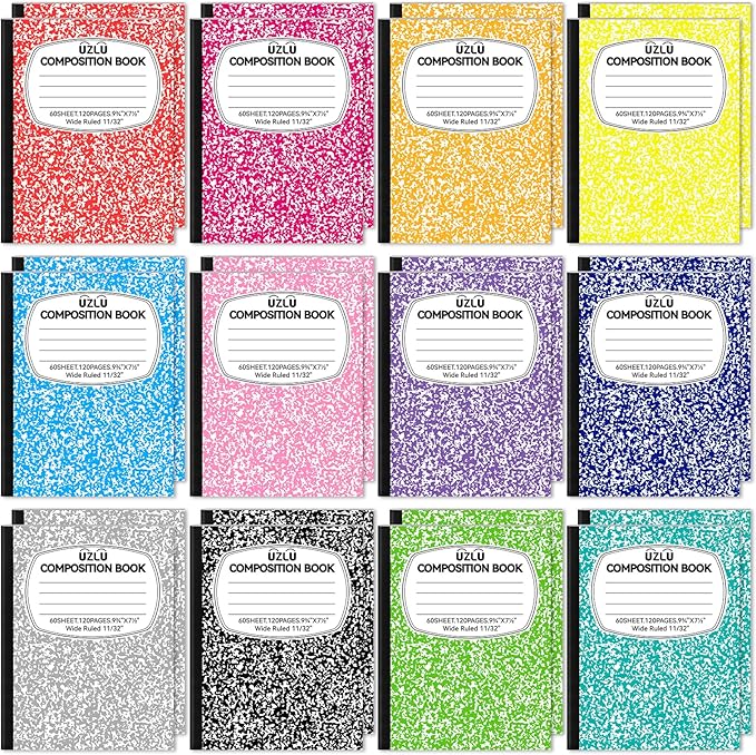 24 Pack Large Composition Notebooks Bulk 9.75 x 7.5 in Wide Ruled Composition Books 12 Color Assorted Marble Journal Notebook 60 Sheets per Book for Aldult Student College Office Back to School Supplies