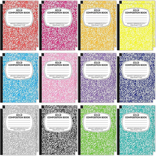 24 Pack Large Composition Notebooks Bulk 9.75 x 7.5 in Wide Ruled Composition Books 12 Color Assorted Marble Journal Notebook 60 Sheets per Book for Aldult Student College Office Back to School Supplies