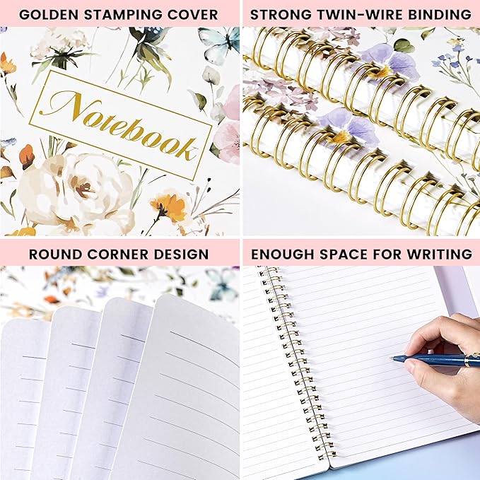 Spiral Notebook - Notebooks with Back Pocket, 5.7" * 8.2", Journal Notebook with Thick Paper & Back Pocket, 160 Pages, College Ruled Notebook/Journal with Twin-Wire Binding, Journals for Women - Floral