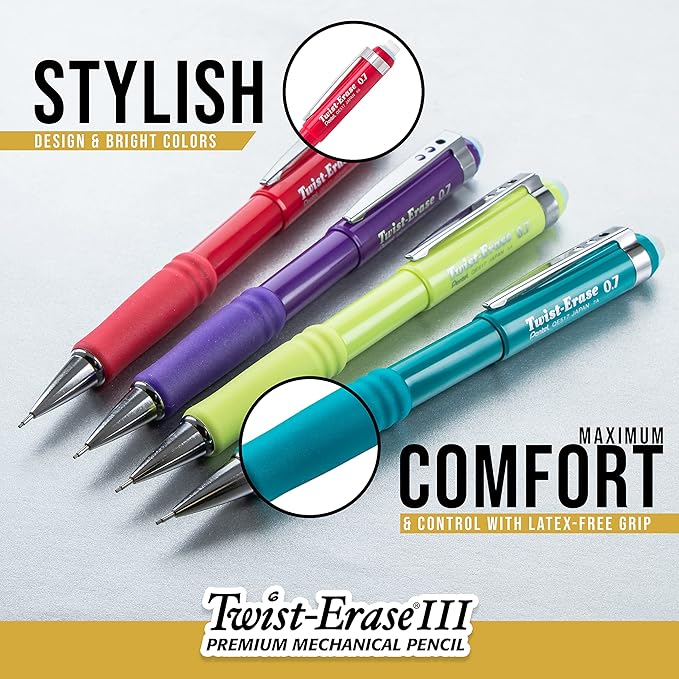 Pentel Twist-Erase III Mechanical Pencil, (0.9mm), Assorted Barrel Colors with 2 Eraser Refills (QE519BP2-K6) (Pack of 4)