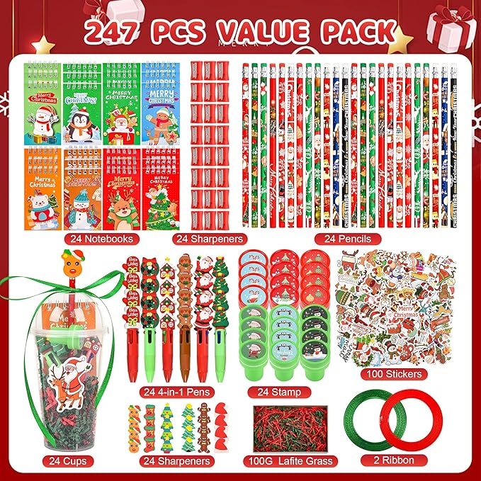 LiYiQ 247 Pcs Christmas Party Favors Return Gifts for Party, Student Stationery Gifts from Teacher, Pencil Erasers Notebooks Stickers for Classroom Birthday Goodie Bags Rewards Prizes