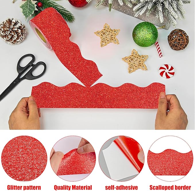 131 Ft Red Glitter Bulletin Board Borders Red Scalloped Bulletin Board Trims Shiny Decorative Border Trims Sparkle Self-Adhesive Border Stickers for Classroom School Home Office Blackboard Desk