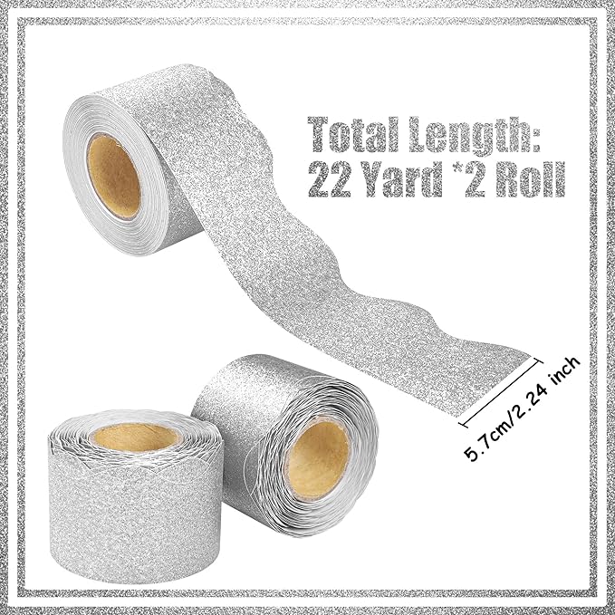 131Ft Silver Glitter Bulletin Board Borders Silver Scalloped Bulletin Board Trims Shiny Decorative Border Trims Sparkle Self-Adhesive Border Stickers for Classroom School Home Office Blackboard Desk