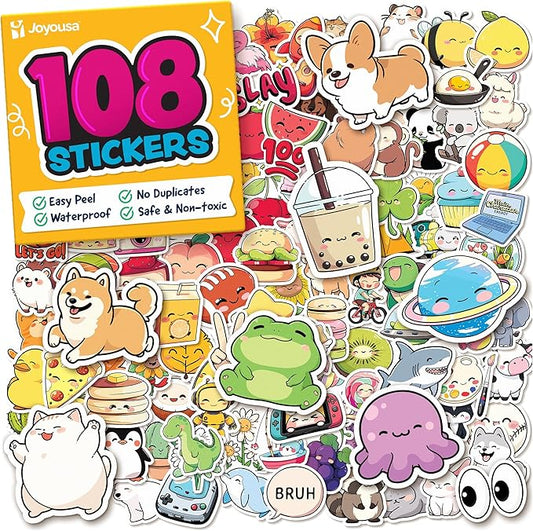 Cute Stickers for Kids - Kawaii Water Bottle Stickers for Teens - 108pc Sticker Pack - Waterproof Vinyl Stickers for Water Bottles, Scrapbook, Laptops - Valentine Stickers for Kids Classroom, Gifts