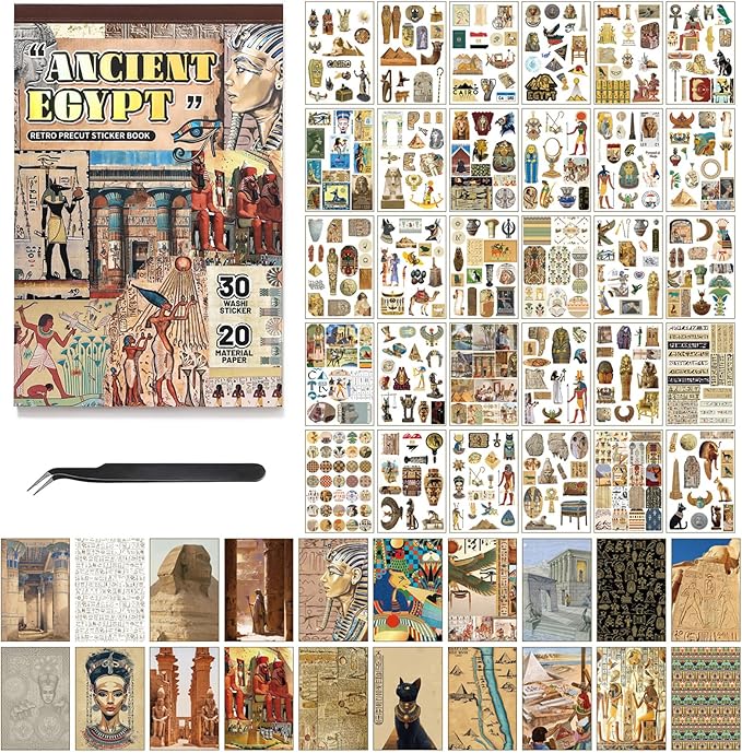 Pre-Cut Vintage Stickers for Journaling, 500+ Scrapbook Stickers and 20 A5 Scrapbook Papers, Retro Egypt Theme Aesthetic Washi Sticker Book for Adults, Ephemera for Junk Journal Supplies DIY Crafts
