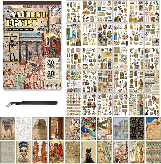 Pre-Cut Vintage Stickers for Journaling, 500+ Scrapbook Stickers and 20 A5 Scrapbook Papers, Retro Egypt Theme Aesthetic Washi Sticker Book for Adults, Ephemera for Junk Journal Supplies DIY Crafts