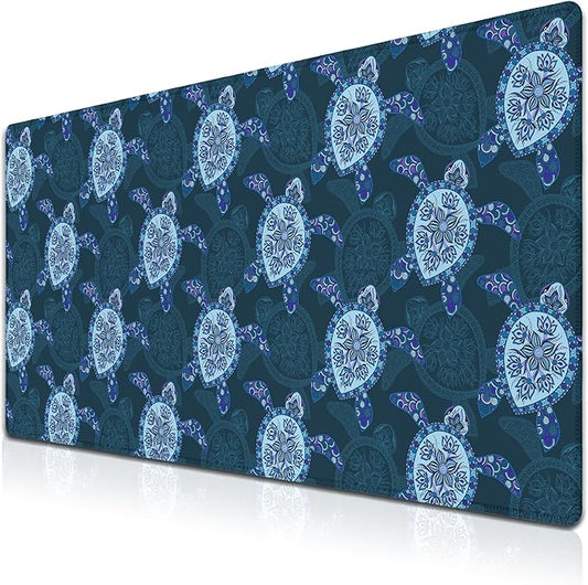 Computer Desk Mat Blue Mats, Gaming Mouse Pads Big Mouse Pad, Desk Pads Large Non-Slip Rubber Base Waterproof with Stitched Edges, 35.4 X 15.7 inch for Work/Game/Office/Home Turtle Pattern