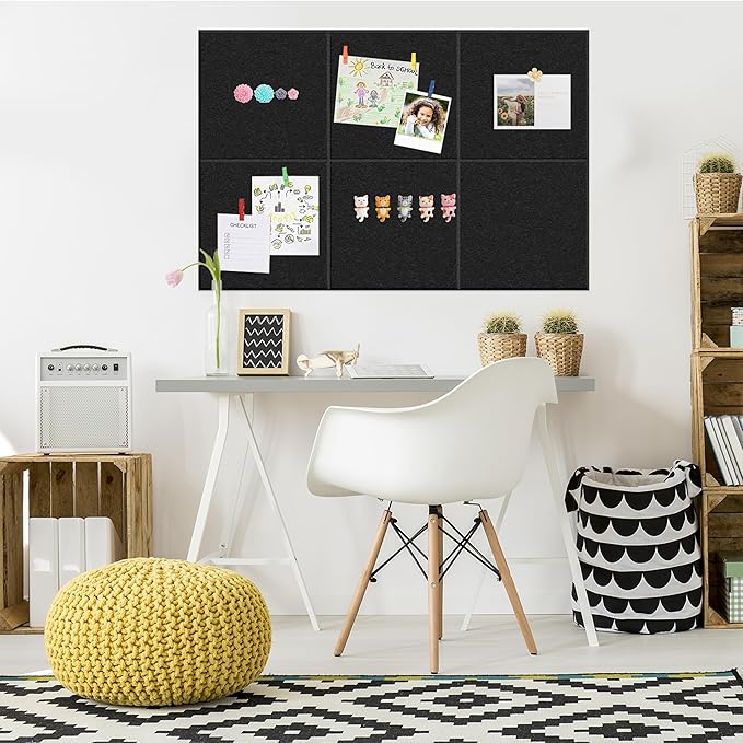 Cork Board for Walls 36" x 24", 6 Pack Felt Bulletin Board Wall Tiles with 30 Push Pins for Home Kitchen School Office Wall DIY Decorative