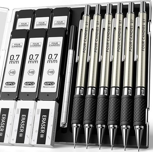 Metal Mechanical Pencil Set - 6PCS 0.7mm Art Mechanical Pencils & 360PCS HB Lead Refills & 3PCS Erasers & 9PCS Eraser Refills, Drawing Mechanical Pencils for Writing, Sketching/With Case