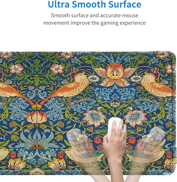William Morris Mouse Pad, Large The Strawberry Thief Desk Mat with Famous Flower-and-Bird Art, Micro-Woven Fabric and Sewn Edge, for Office and Laptop Use, 31.5 x 11.8 Inches