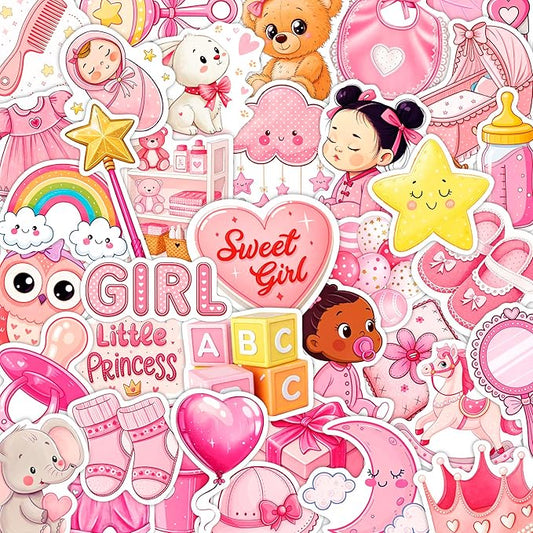 100Pcs Baby Girl Stickers for Shower, Scrapbooking - Newborn Stickers - Baby Girl Shower Party Supplies & Decoration, Gifts