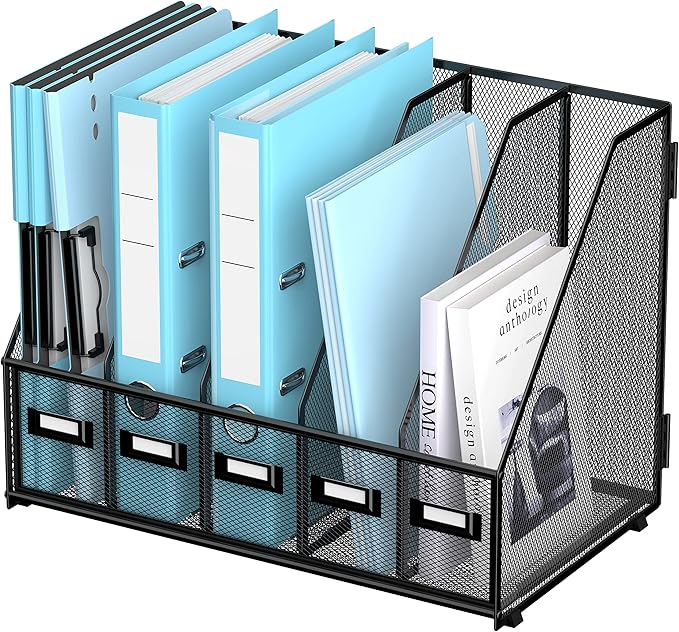 SUPEASY Desk Organizers Metal Desk Magazine File Holder with 16''x12''x12'' 5 Vertical Compartments Rack File Organizer for Office Desktop, Home Workspace, Black Plus