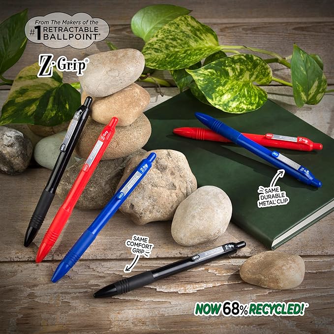 Zebra Pen Z-Grip Recycled Retractable Ballpoint Pens, 1.0mm, Black Ink, Durable Metal Clip, 68% Recycled (GRS Certified; Global Recycled Standards), School & Office Supplies, 48-Pack (20418)