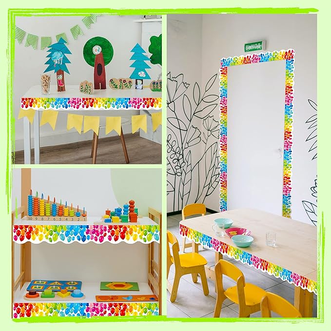 60 Feet Bulletin Board Borders, Color Balloons Pattern Scalloped Rolled Border Trim for School, Classroom & Offices
