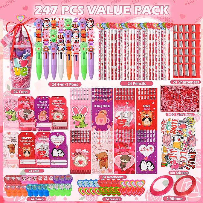 LiYiQ 247 Pcs Valentine's Gifts for Classroom Valentine's Day Return Gifts, Stationery Gifts from Teacher, Pencil Erasers Notebooks Stickers Stamps Goodie Bags Rewards Prizes
