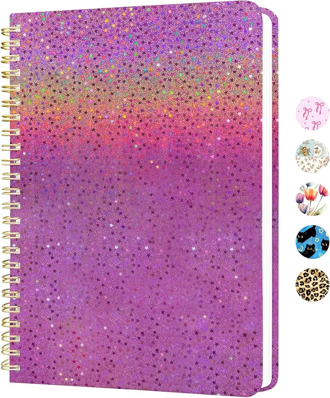 Stanoha Cute Spiral Notebook A5 Journal for Women Girls Kawaii Aesthetic Pretty Floral Design with Pocket, 8.5 x 5.7 inch, Graph, Pink Glitter