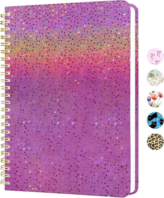 Stanoha Cute Spiral Notebook A5 Journal for Women Girls Kawaii Aesthetic Pretty Floral Design with Pocket, 8.5 x 5.7 inch, Graph, Pink Glitter