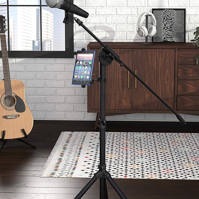 Amazon Basics Adjustable Tablet Holder for Music Stand, Secure Portable iPad Holder with 360 Degree Swivel, Fits 7-11" Screens, Black