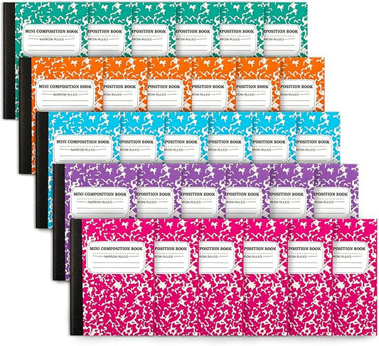 feela Mini Composition Notebook, Cute 30 Pack 5 Pastel Colors Narrow Ruled Mini Composition Books Bulk, Small Pocket Marble Journal Notebooks for Kids Students College, Pocket Size 4.5 x 3.25 in