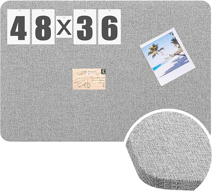 48'' x 36' Linen Fabric Bulletin Board Pinboard for Walls Display Frameless Pinboard Display Notice Memory Board for Office Walls Home Kitchen Easy to Install(Grey)