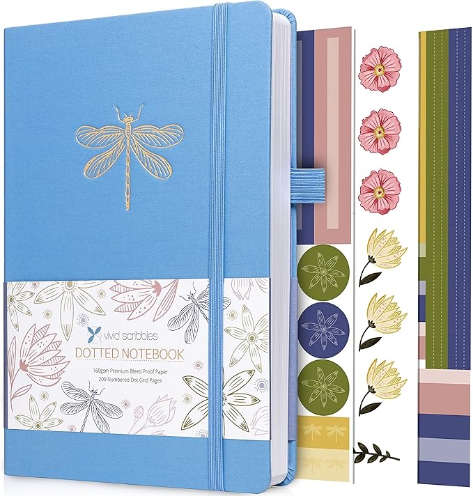 VIVID SCRIBBLES Dotted Journal – 160gsm Bleed Proof Thick White Paper – 200 Numbered Dot Grid Pages – 5.8 x 8.3 inch Dotted Notebook
