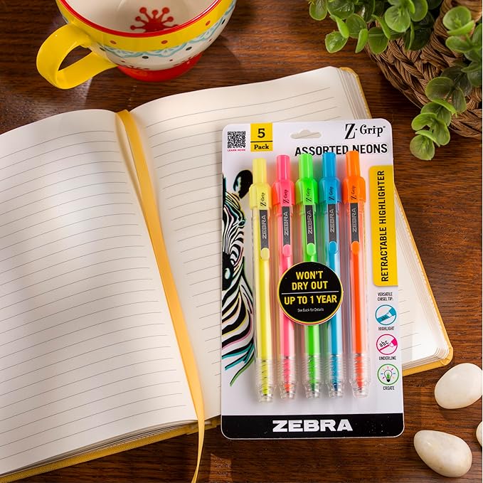 Zebra Pen, Z-Grip Retractable Highlighters, Chisel Tip, Assorted Neon Colors, Visible Ink Supply, Click-Style Retractable Design, Built-In Metal Clip, Ideal for School and Office, 5-Pack (71205)