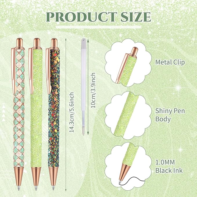 Sherr 7 Pcs Fancy Pens for Women Cute Sparkly Glitter Pens with 10 Pcs Black Ink Refills Pretty Gifts for Girls Office School Christmas Graduation(Fresh)