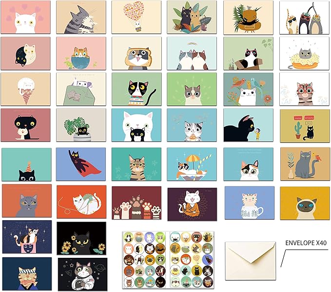 40 Greeting Cards, Blank Thank You Cards With Envelopes Cute Cat Bulk Note Cards Stationery Box Set For All Occasions Birthday Thank You Wedding and More.Cat greeting cards (Huge Variety)