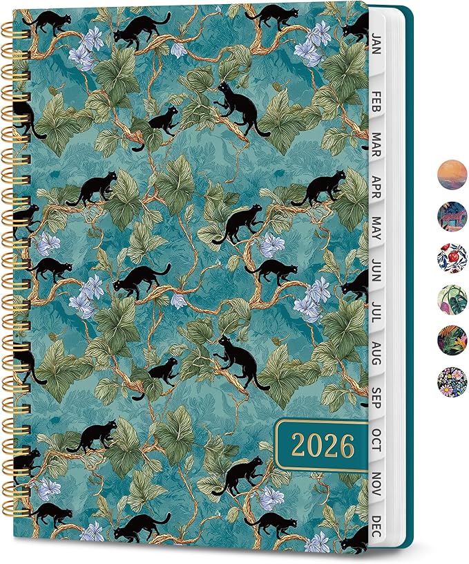 2026 Planner, Aesthetic Weekly and Monthly Planner for Women, Jan 2026 to Dec 2026, Hardcover 2026 Calendar Book with Monthly Tabs, Inner Pocket, Perfect for Office Home School - A5 (6.3" x 8.5"), Cats in Vine