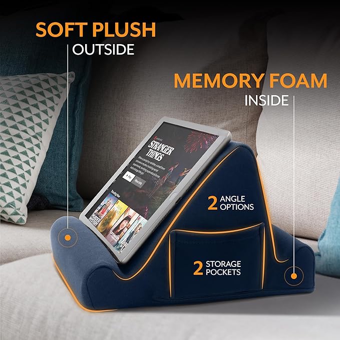 Brookstone Tablet Lap Cushion - Tablet and Phone Holder for Bed, Flights, and Travel, Two Angled Memory Foam Lap Desk for Reading and Hands Free Viewing, Compatible iPad and Kindle Accessories, Blue