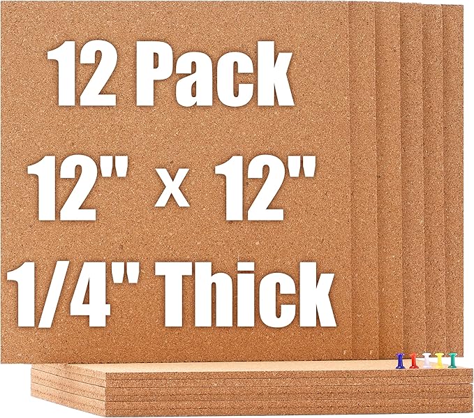 SUNGIFT Cork Board 12"x12" -12 Pack Bulletin Boards 1/4" Thick Square Decorative Cork Tiles with 100 PCS Push Pins Double-Sided Adhesive Corkboards Tiles for Wall Office