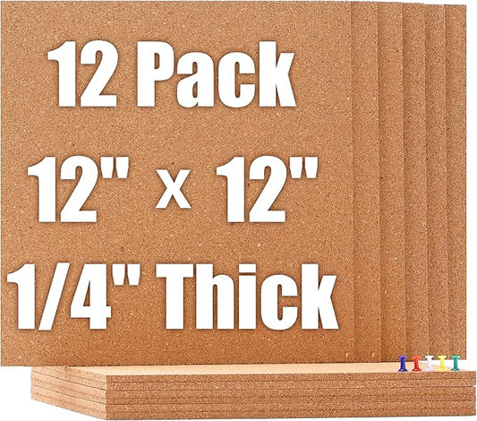 SUNGIFT Cork Board 12"x12" -12 Pack Bulletin Boards 1/4" Thick Square Decorative Cork Tiles with 100 PCS Push Pins Double-Sided Adhesive Corkboards Tiles for Wall Office