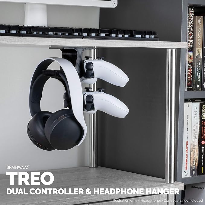 The Treo - Under Desk / Shelf Dual Gamepad Controller & Headphone Hanger Holder Stand - Designed for Xbox ONE, PS4, PS3, PS5, Dualshock, DualSense, Switch, PC, Steelseries, Steam & More, by Brainwavz
