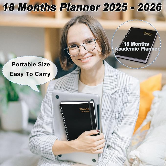 Daily Planner 2025-2026, Weekly & Monthly Planner from Jul 2025-Dec 2026, 18 Month Academic Calendar with Tabs, A5 Size, Black