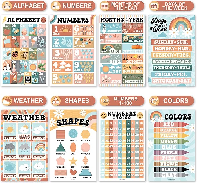 Hadley Designs 16 Educational Posters for Classroom Decor - Learning Posters for Toddlers 1-3, Alphabet for Classroom Wall, Daycare Essentials, Homeschool Posters Preschool, Retro Playroom Decor