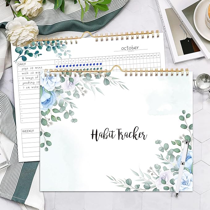 Habit Tracker Calendar - 12 Months Undated Daily Weekly & Monthly Period Habit Tracker Journal, Greenery Floral, Spiral Binding & Hanger, 7.8"x10"