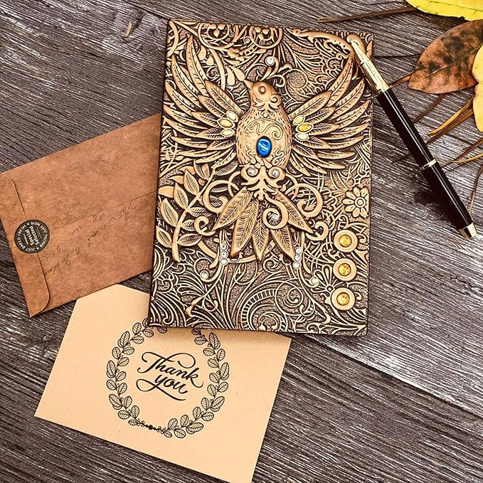 Vintage 3D Phoenix Embossed Leather Writing Journal with Golden Pen Set,A5,200Pages,Antique Handmade Daily Notepad Sketchbook,Travel Diary&Notebook to Write in,for Women Men (Red Bronze)