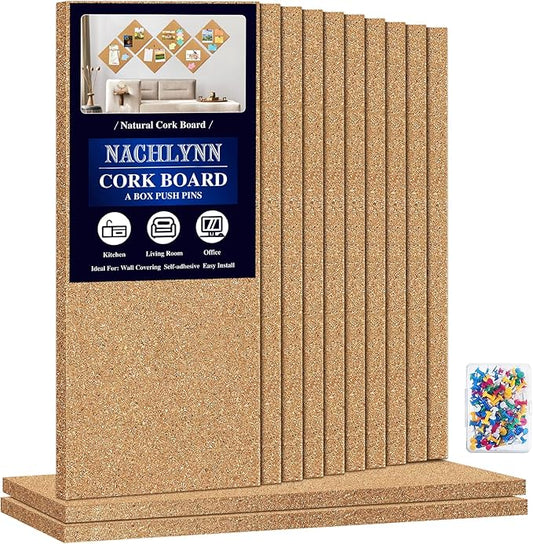NACHLYNN Cork Board 12 Pack 17 x 8 Square Bulletin Board for Wall Self-Adhesive Corkboards with 100 Push Pins Frameless Cork Tiles for Walls Home Office