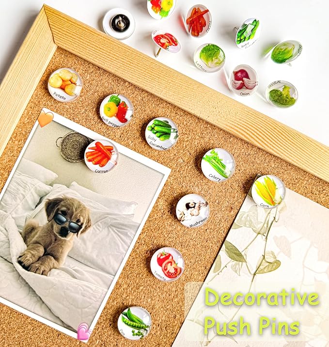 Push Pins for Cork Board -24pcs Decorative Push Pins with Case,Cute Thumb Tacks and Pushpins for Bulletin Board, 12 Colors Vegetables Pushpins