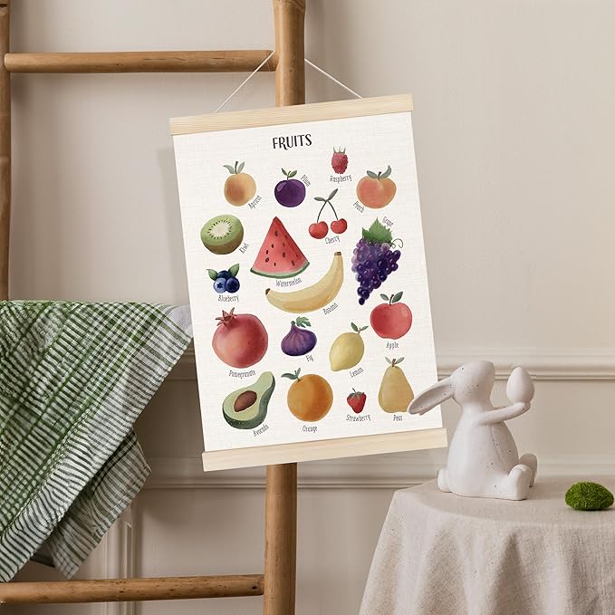 Koesus Fruit Food Wall Art Poster Hanger Frame 12x16 Inch, Educational Learning Canvas Pictures Prints Framed Wall Decor for Classroom Toddler Kids Room Nursery Preschool Kitchen