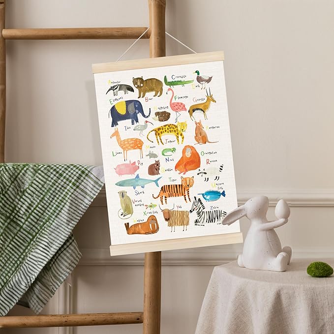 Koesus Animal Alphabet Numbers 1-10 Wall Art Poster Hanger Frame 12x16 Inch Set of 2, Educational Canvas Pictures Prints Framed Wall Decor for Toddler Kids Room Nursery Preschool Classroom Playroom