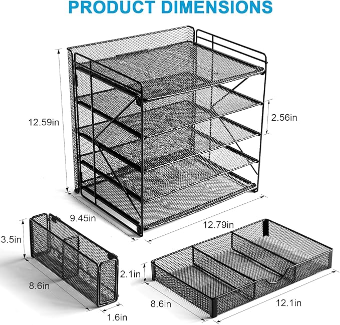 Desk Organizer with Mesh File Holder, Paper Letter Tray with 5 Tier Racks Shelves, 1 Sliding Drawer and Extra Pen Holder for Office Supplies (KPD Black)